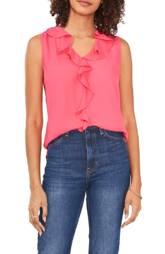 Blusa feminina Vince Camuto com decote em V e mangas bufantes, estilo georgette, rosa, tamanho X-S