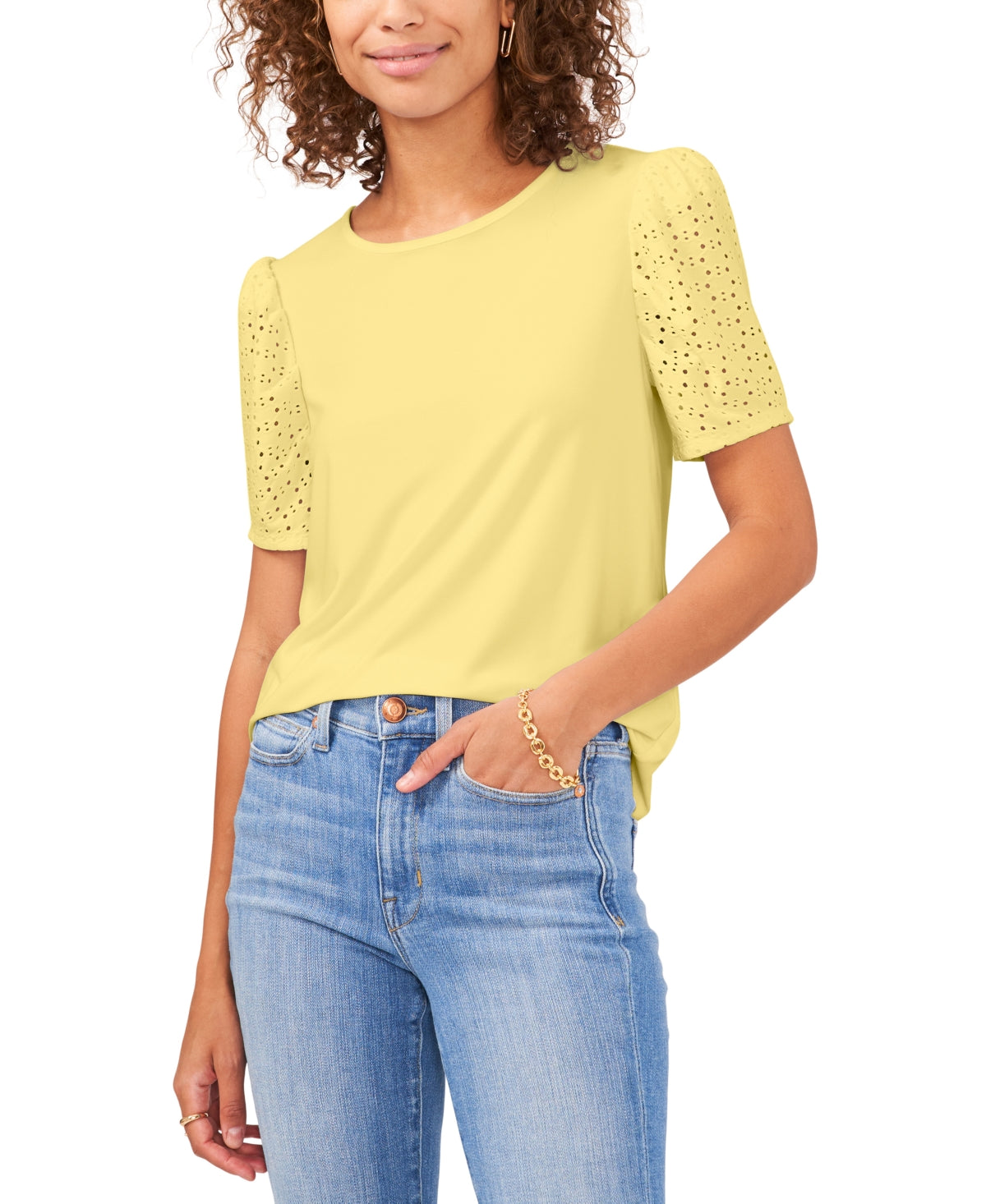 Vince Camuto Blusa de malha com manga ilhós feminina, amarela, tamanho pequeno