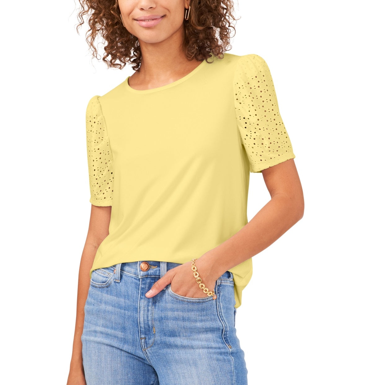 Vince Camuto Blusa de malha com manga ilhós feminina, amarela, tamanho pequeno