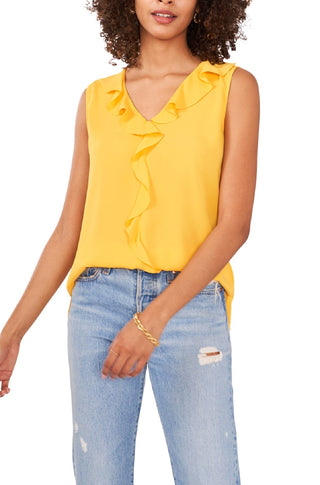 Blusa feminina Vince Camuto com decote em V e mangas bufantes, tamanho P, amarela