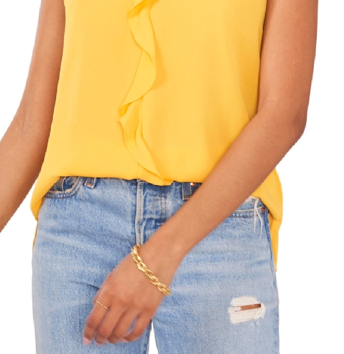 Blusa feminina Vince Camuto com decote em V e mangas bufantes, tamanho P, amarela