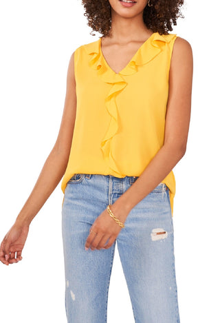 Blusa feminina Vince Camuto com decote em V e mangas bufantes, tamanho médio, amarela