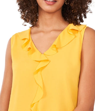 Blusa feminina Vince Camuto com decote em V e mangas bufantes, tamanho médio, amarela