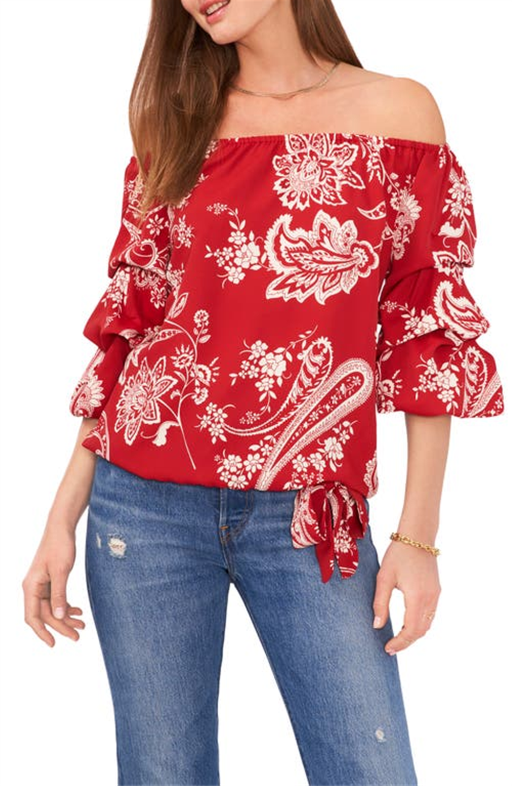 Blusa feminina Vince Camuto com estampa paisley e ombros à mostra, vermelha, tamanho X-G