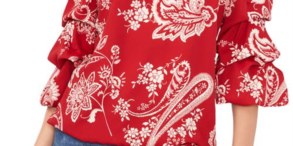 Blusa feminina Vince Camuto com estampa paisley e ombros à mostra, vermelha, tamanho X-G