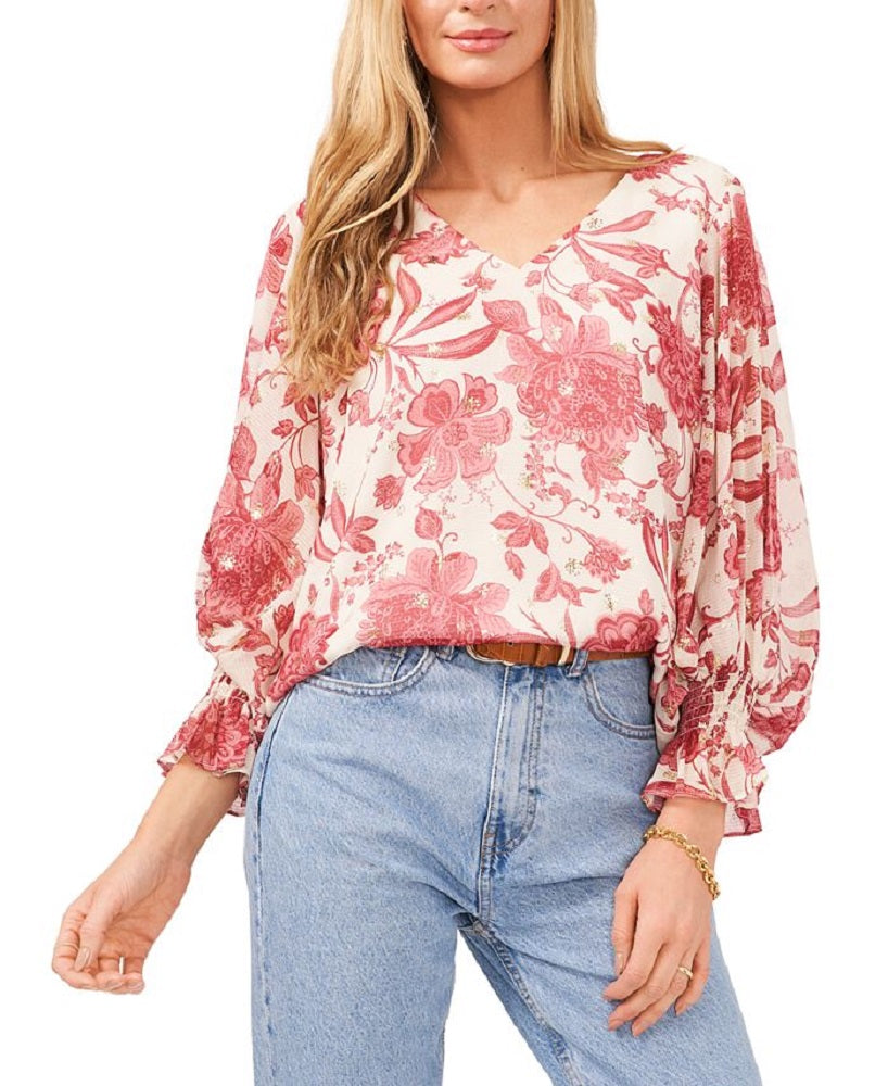 Blusa feminina Vince Camuto Gemma com estampa floral e manga sino, branca, tamanho médio