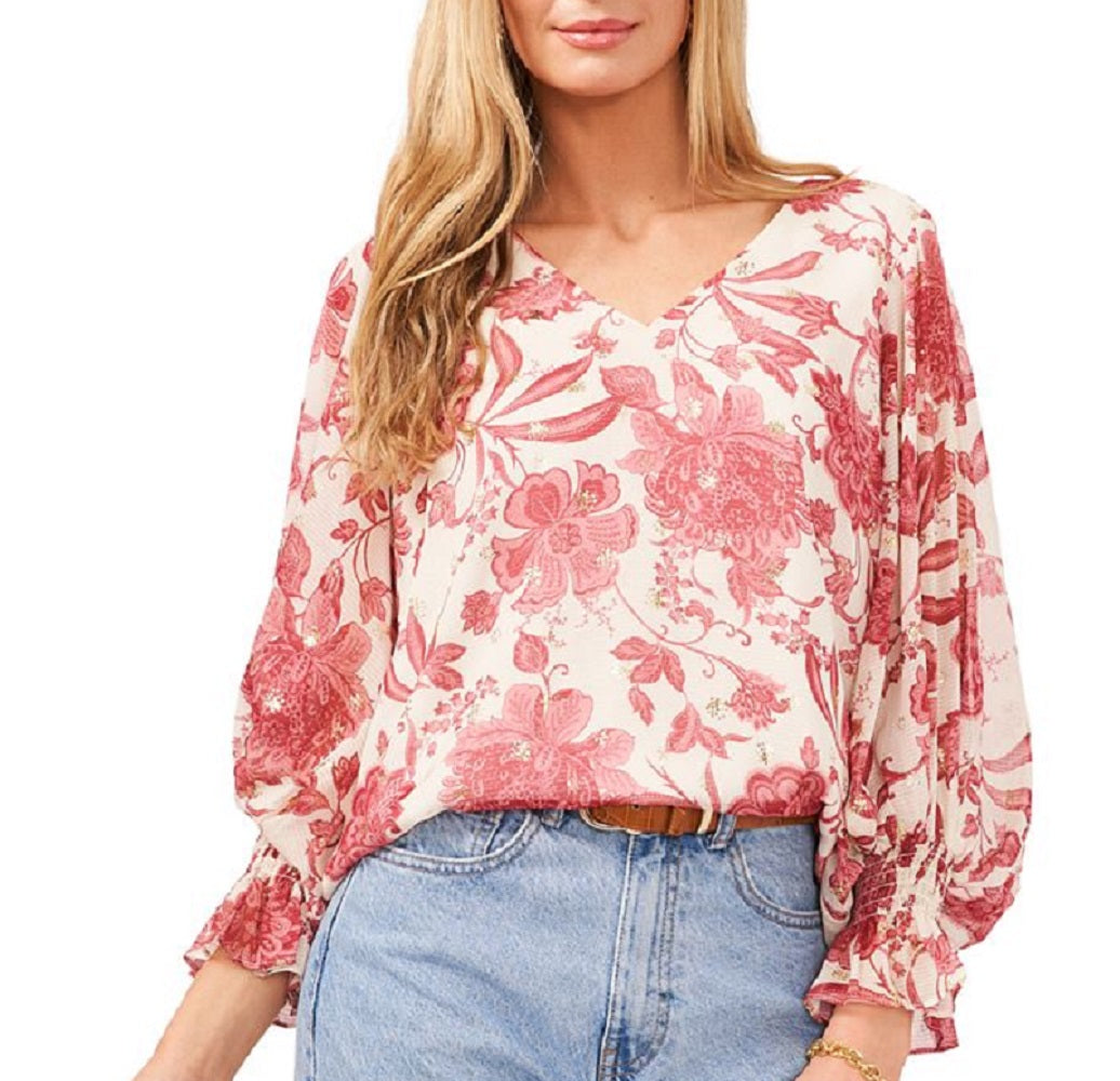 Blusa feminina Vince Camuto Gemma com estampa floral e manga sino, branca, tamanho médio