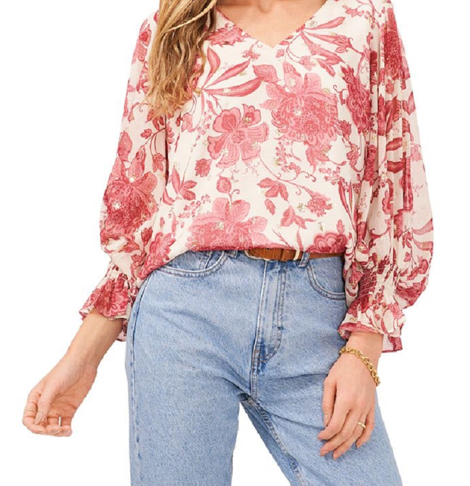 Blusa feminina Vince Camuto Gemma com estampa floral e manga sino, branca, tamanho médio