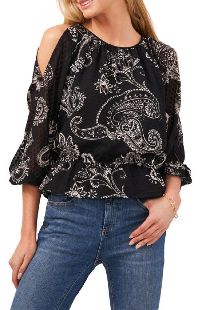 Blusa feminina Vince Camuto com estampa paisley e ombros descobertos, preta, tamanho pequeno