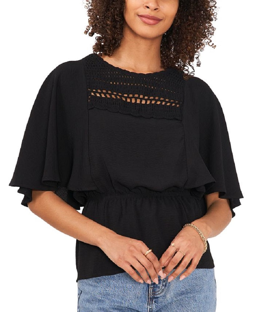 Blusa peplum feminina Vince Camuto com jugo de crochê, preta, tamanho médio