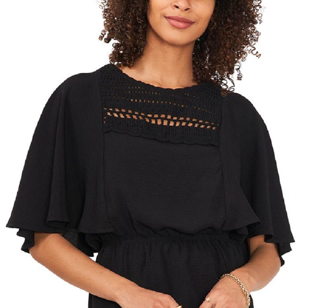 Blusa peplum feminina Vince Camuto com jugo de crochê, preta, tamanho médio