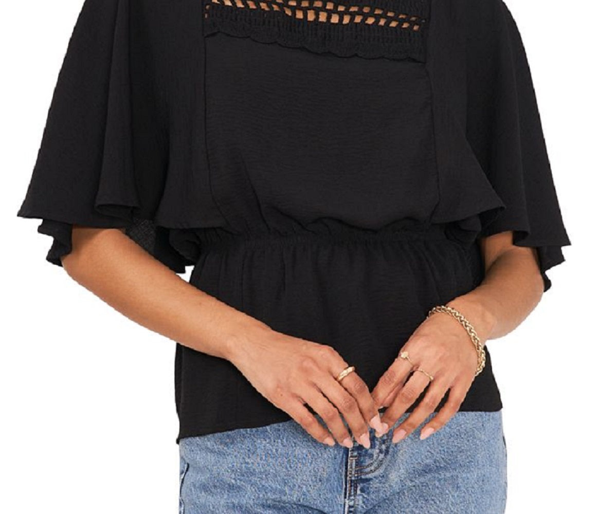 Blusa peplum feminina Vince Camuto com jugo de crochê, preta, tamanho médio