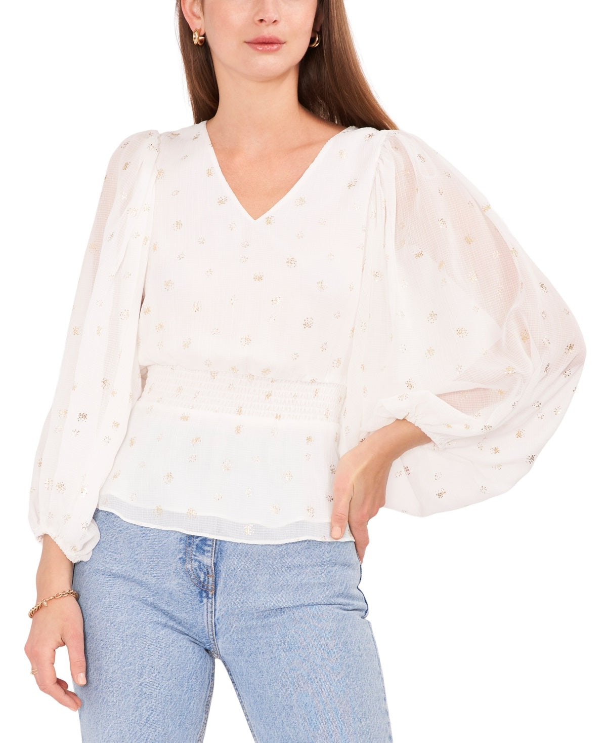Blusa feminina Vince Camuto com babados e manga bufante, branca