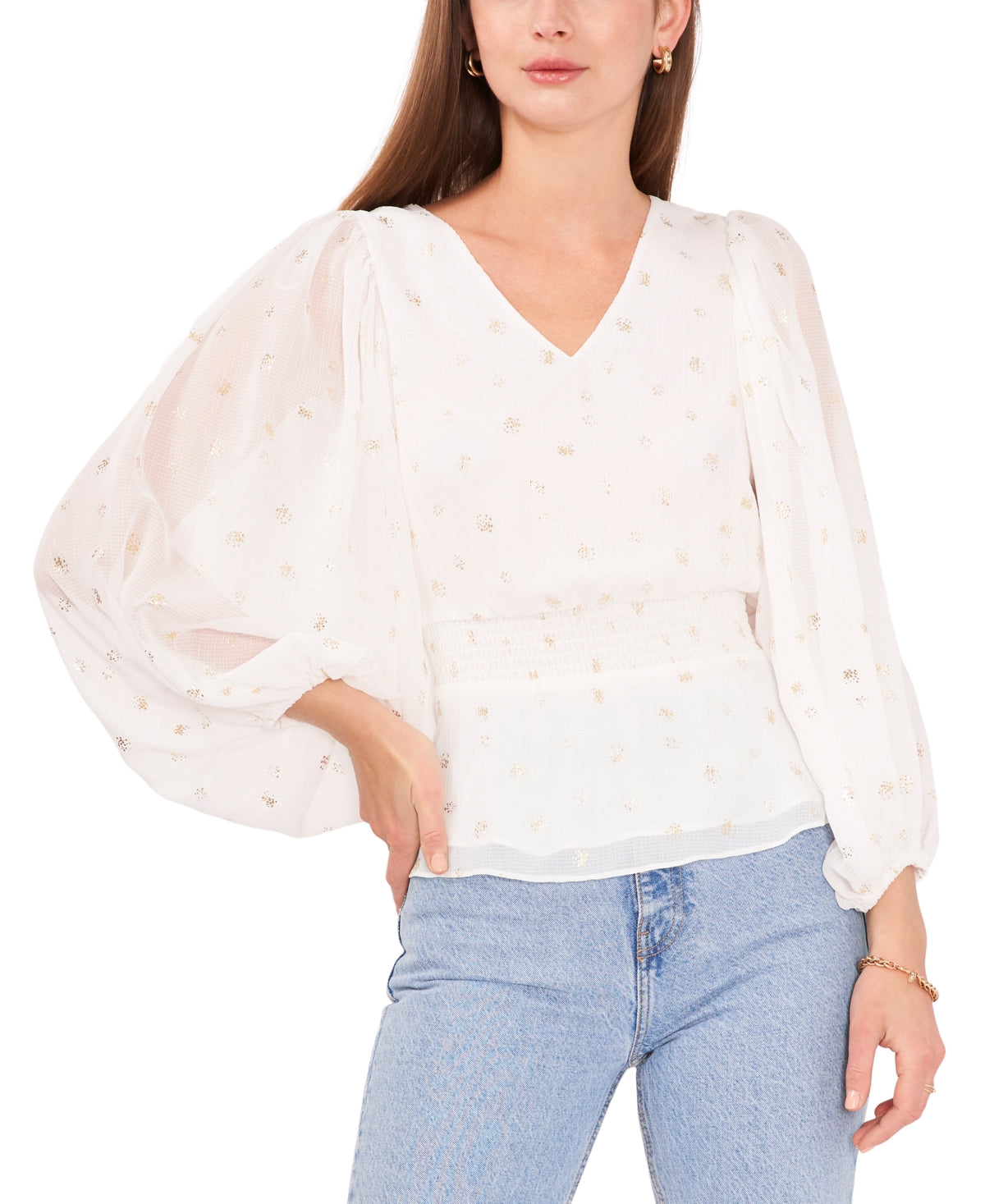 Blusa feminina Vince Camuto com babados e manga bufante, branca