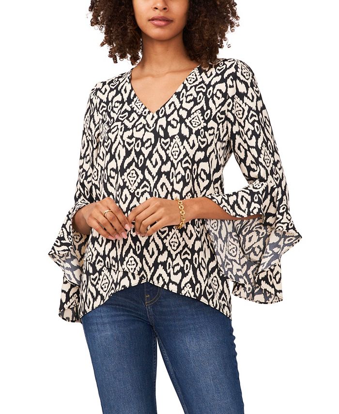 Blusa feminina Vince Camuto com estampa Ikat e manga sino, preta, tamanho grande