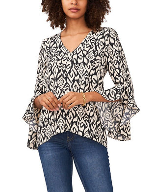 Blusa feminina Vince Camuto com estampa Ikat e manga sino, preta, tamanho grande