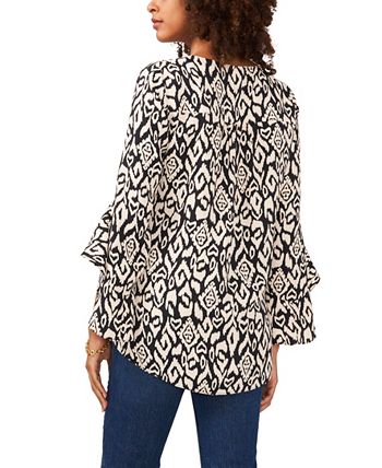 Blusa feminina Vince Camuto com manga esvoaçante, decote em V, estampa geométrica, cinza, tamanho extragrande