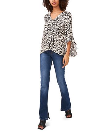 Blusa feminina Vince Camuto com manga esvoaçante, decote em V, estampa geométrica, cinza, tamanho extragrande