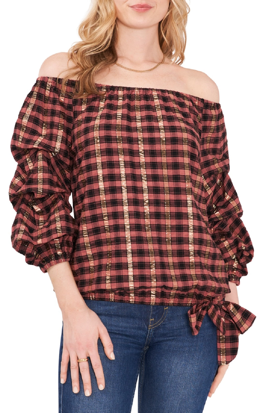 Vince Camuto Top xadrez feminino ombro a ombro, preto, tamanho extragrande