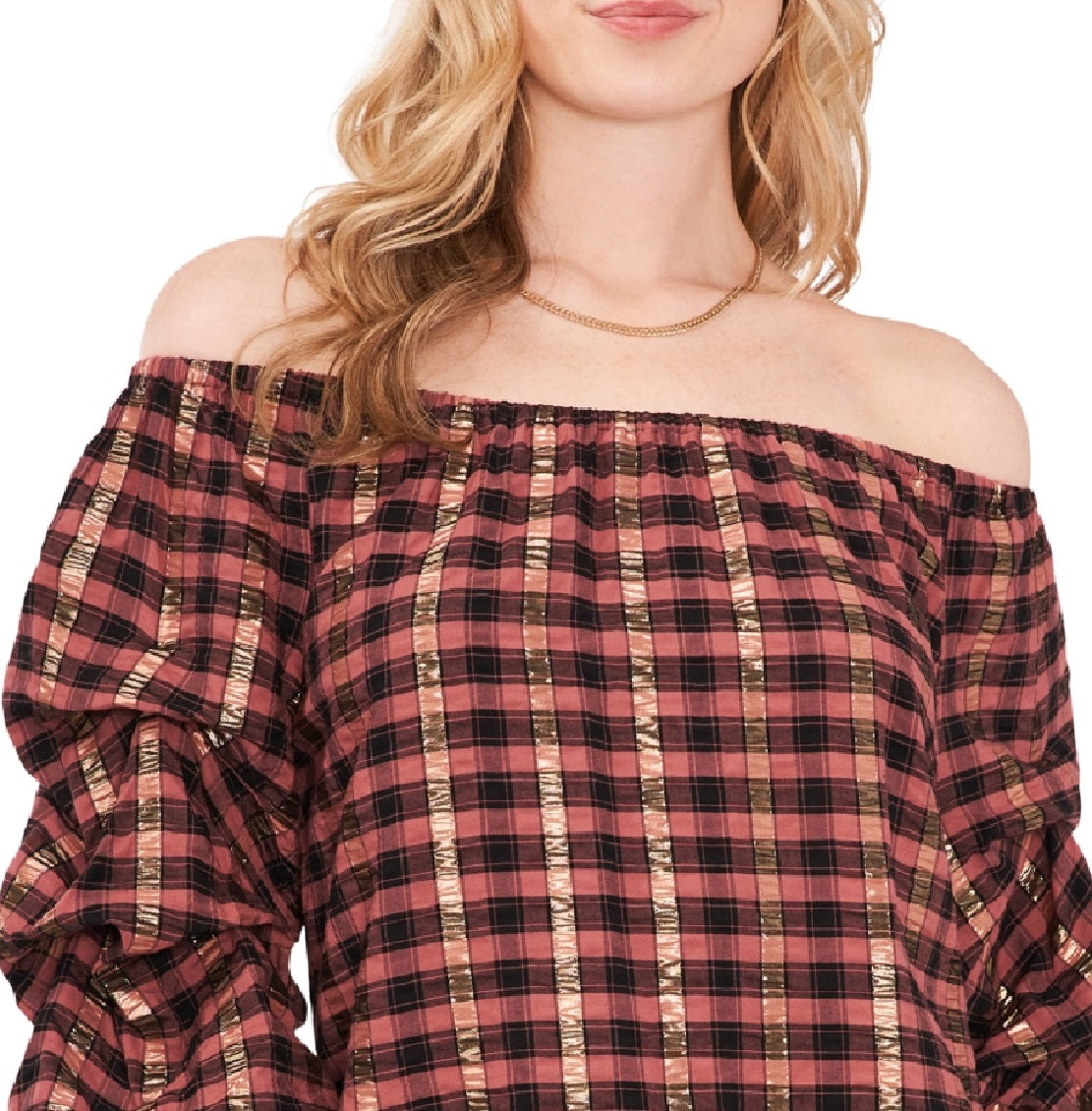 Vince Camuto Top xadrez feminino ombro a ombro, preto, tamanho extragrande