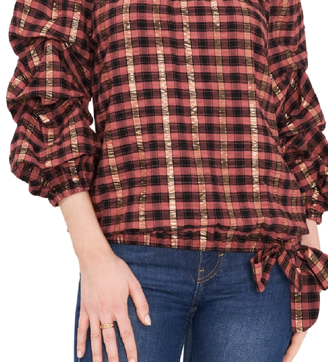 Vince Camuto Top xadrez feminino ombro a ombro, preto, tamanho extragrande