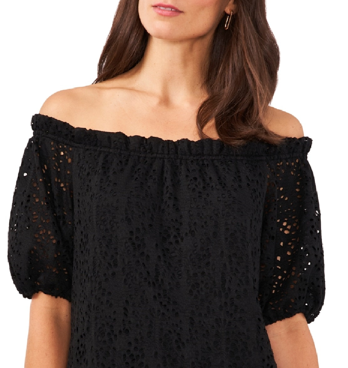 Vince Camuto Top de renda ombro a ombro feminino, preto, tamanho médio