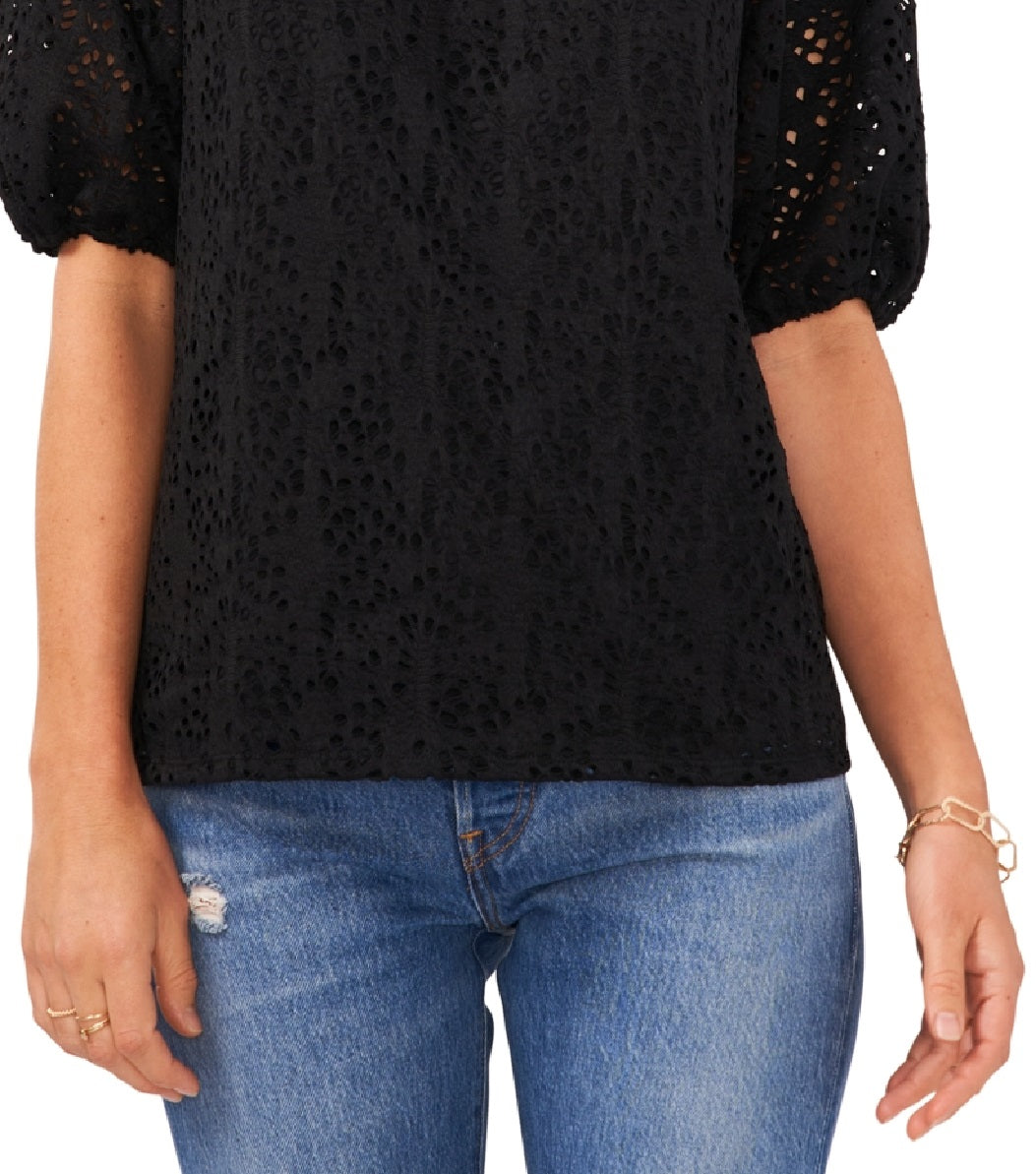 Vince Camuto Top de renda ombro a ombro feminino, preto, tamanho médio