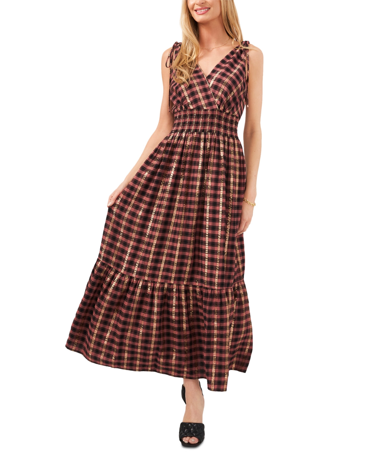 Vestido longo xadrez metálico franzido feminino Vince Camuto marrom tamanho XX-S