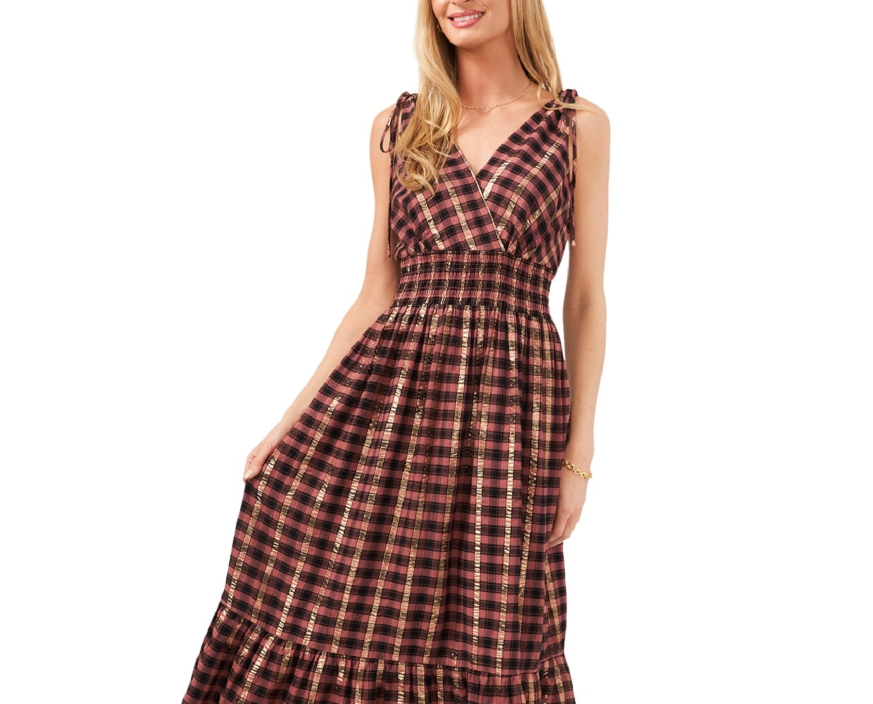 Vestido longo xadrez metálico franzido feminino Vince Camuto marrom tamanho XX-S