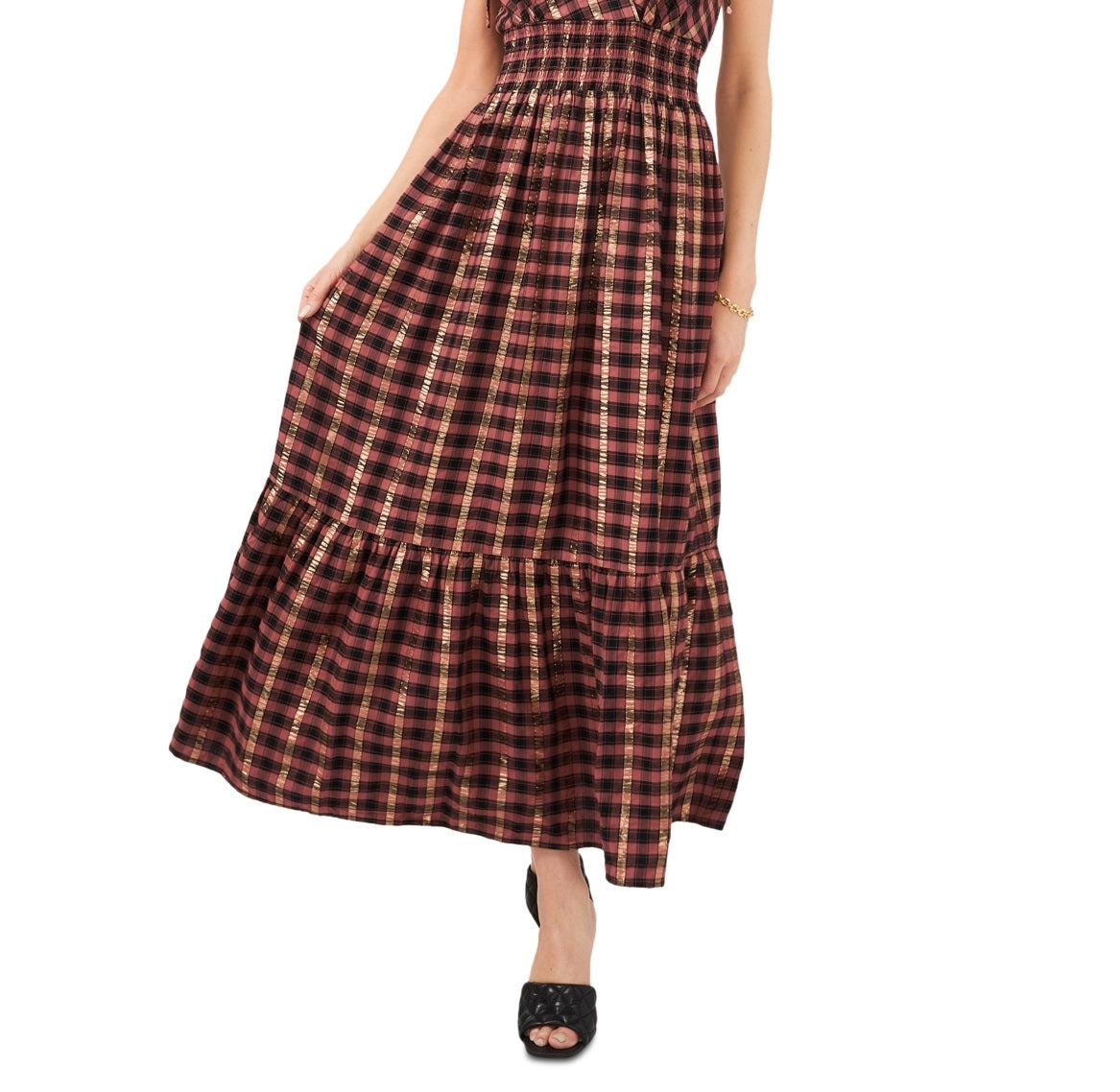 Vestido longo xadrez metálico franzido feminino Vince Camuto marrom tamanho XX-S