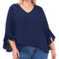 Vince Camuto Blusa feminina com mangas curtas e bainha cruzada, azul, tamanho 1X
