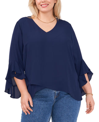 Vince Camuto Blusa feminina com mangas curtas e bainha cruzada, azul, tamanho 1X