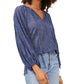 Vince Camuto Top de renda com mangas cortadas feminino, azul, tamanho extragrande