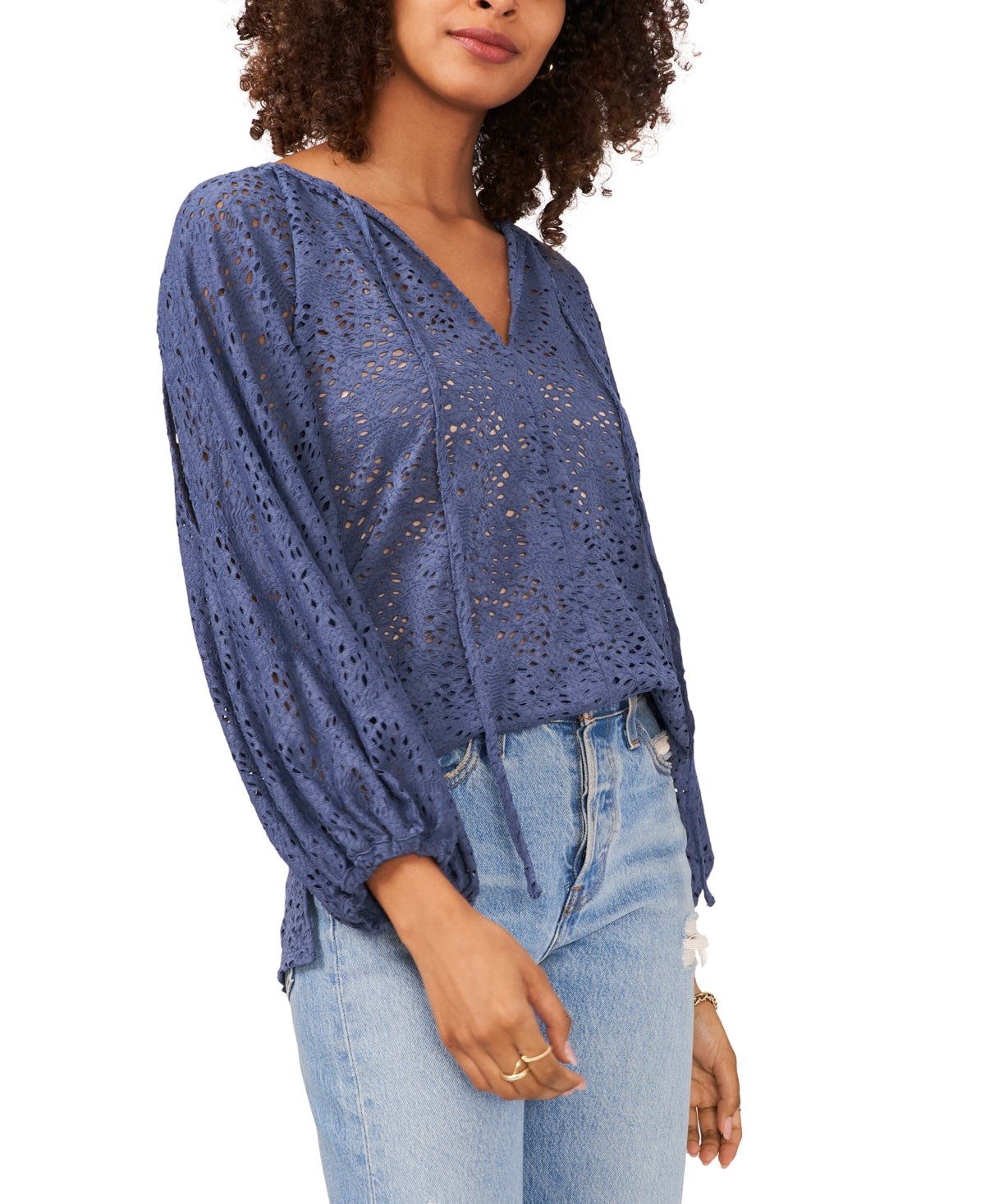 Vince Camuto Top de renda com mangas cortadas feminino, azul, tamanho extragrande