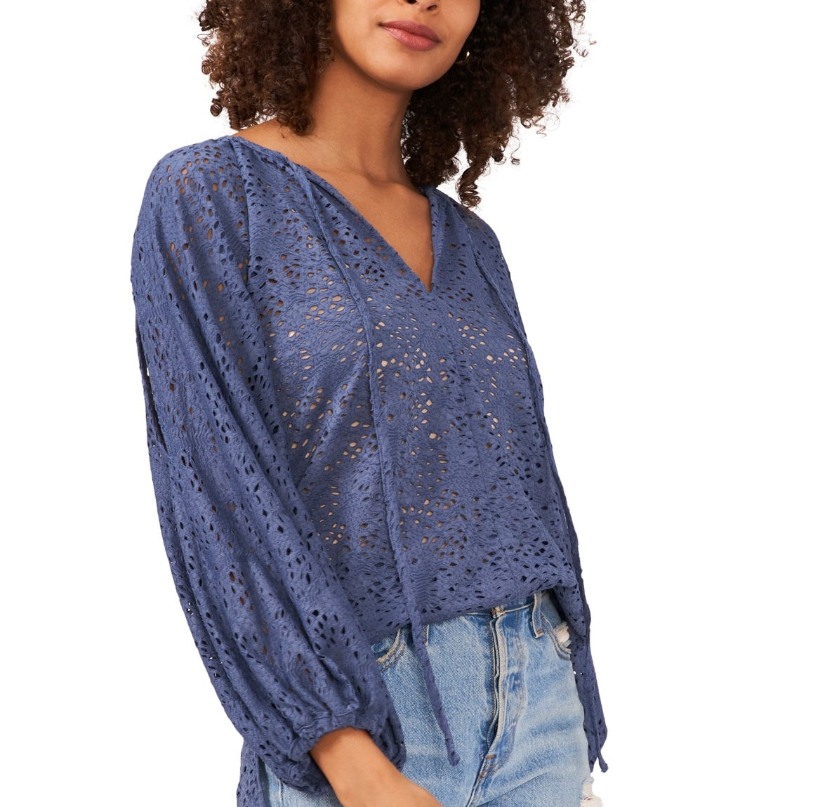 Vince Camuto Top de renda com mangas cortadas feminino, azul, tamanho extragrande
