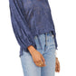 Vince Camuto Top de renda com mangas cortadas feminino, azul, tamanho extragrande
