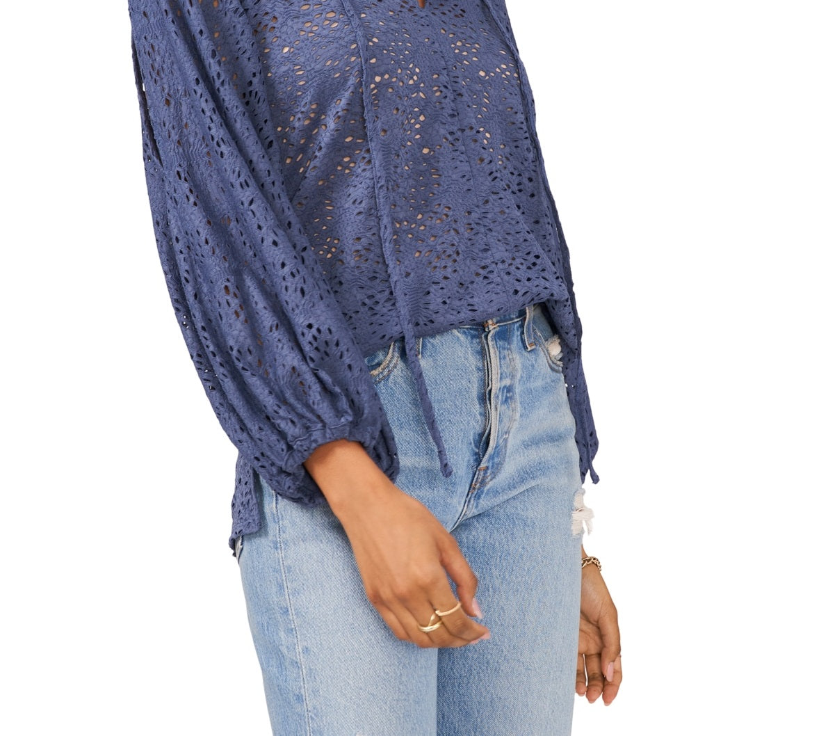 Vince Camuto Top de renda com mangas cortadas feminino, azul, tamanho extragrande