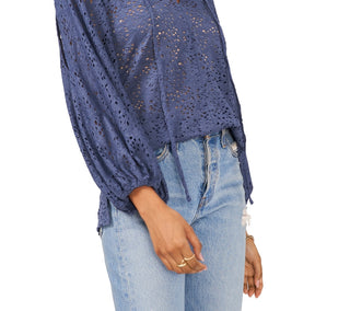 Vince Camuto Top de renda com mangas cortadas feminino, azul, tamanho extragrande