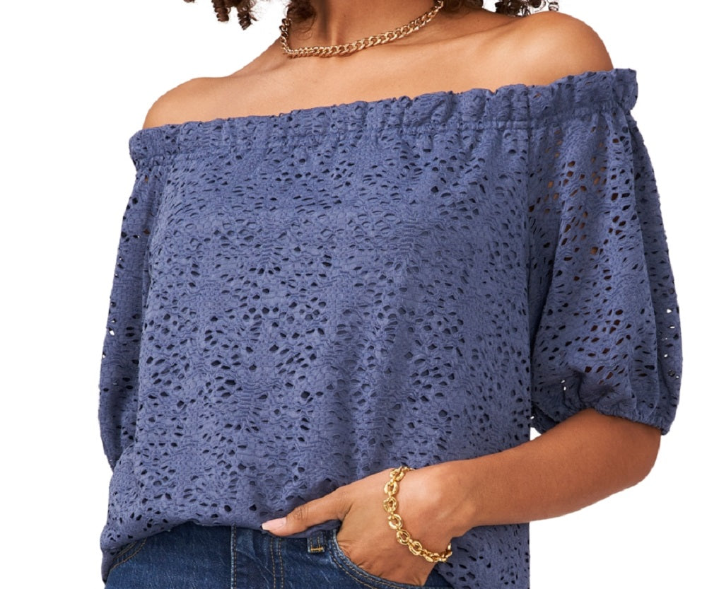 Vince Camuto Blusa de renda ombro a ombro feminina azul