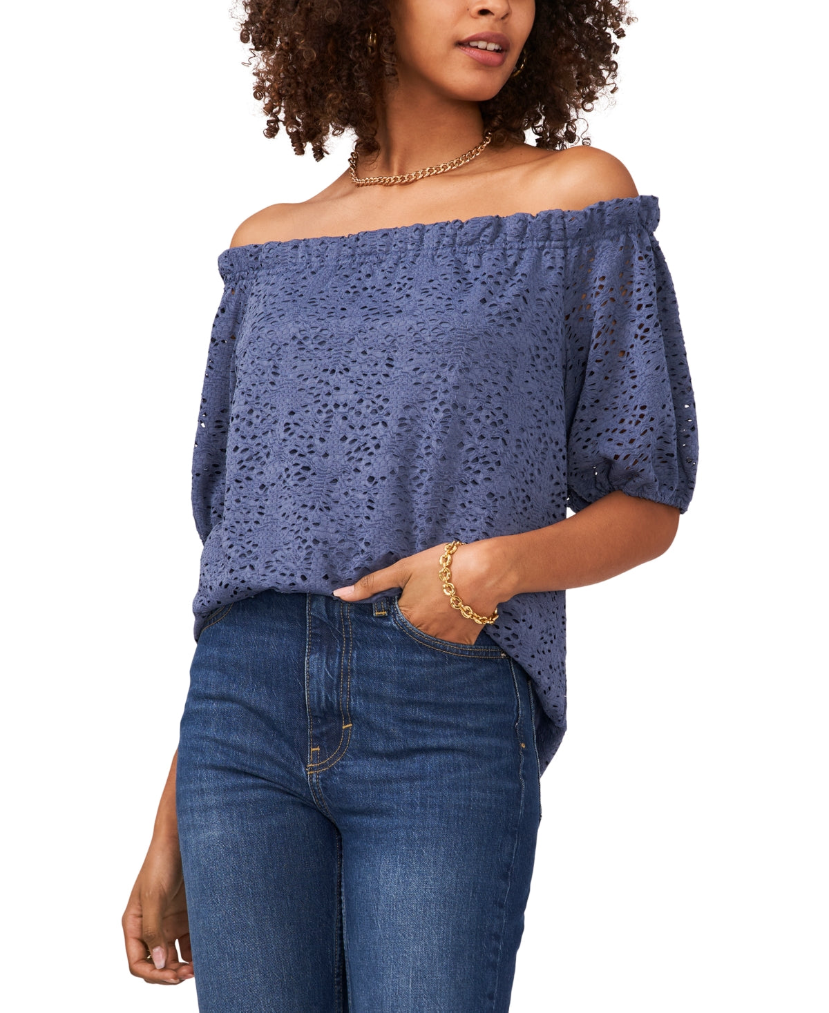Vince Camuto Blusa de renda ombro a ombro feminina azul