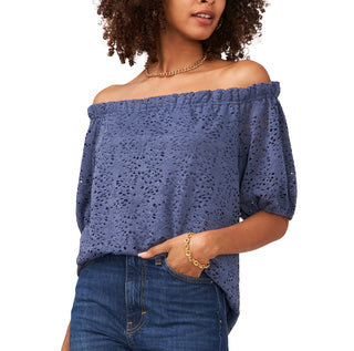 Vince Camuto Blusa de renda ombro a ombro feminina azul