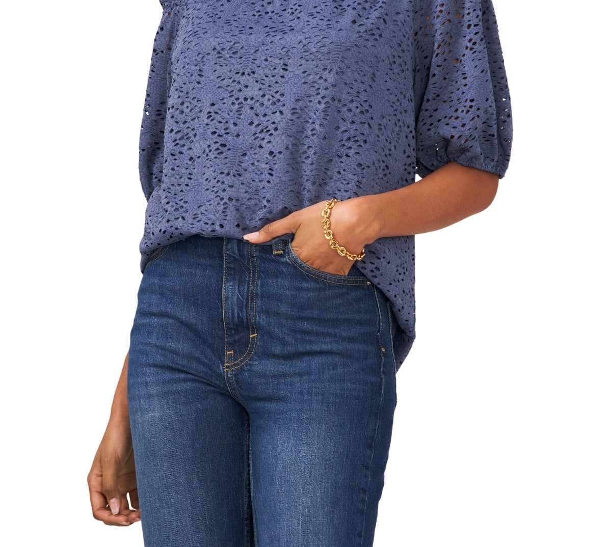 Vince Camuto Blusa de renda ombro a ombro feminina azul