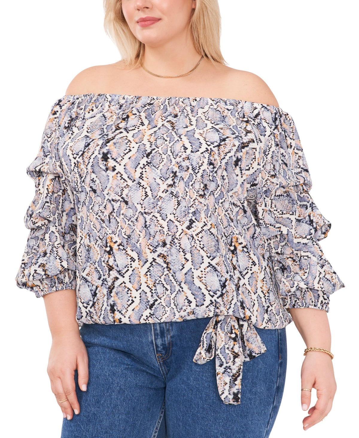 Blusa feminina Vince Camuto com estampa de cobra e ombros de fora, manga bolha, azul, tamanho 1X