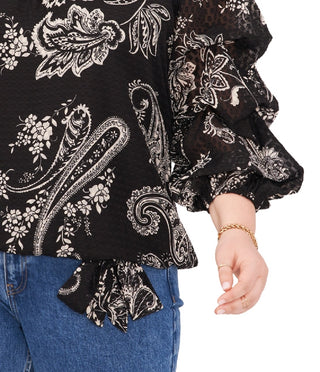 Top feminino Vince Camuto com estampa de manga bolha e ombro de fora, bainha amarrada, preto, tamanho 3X