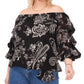 Top feminino Vince Camuto com estampa de manga bolha e ombro de fora, bainha amarrada, preto, tamanho 3X