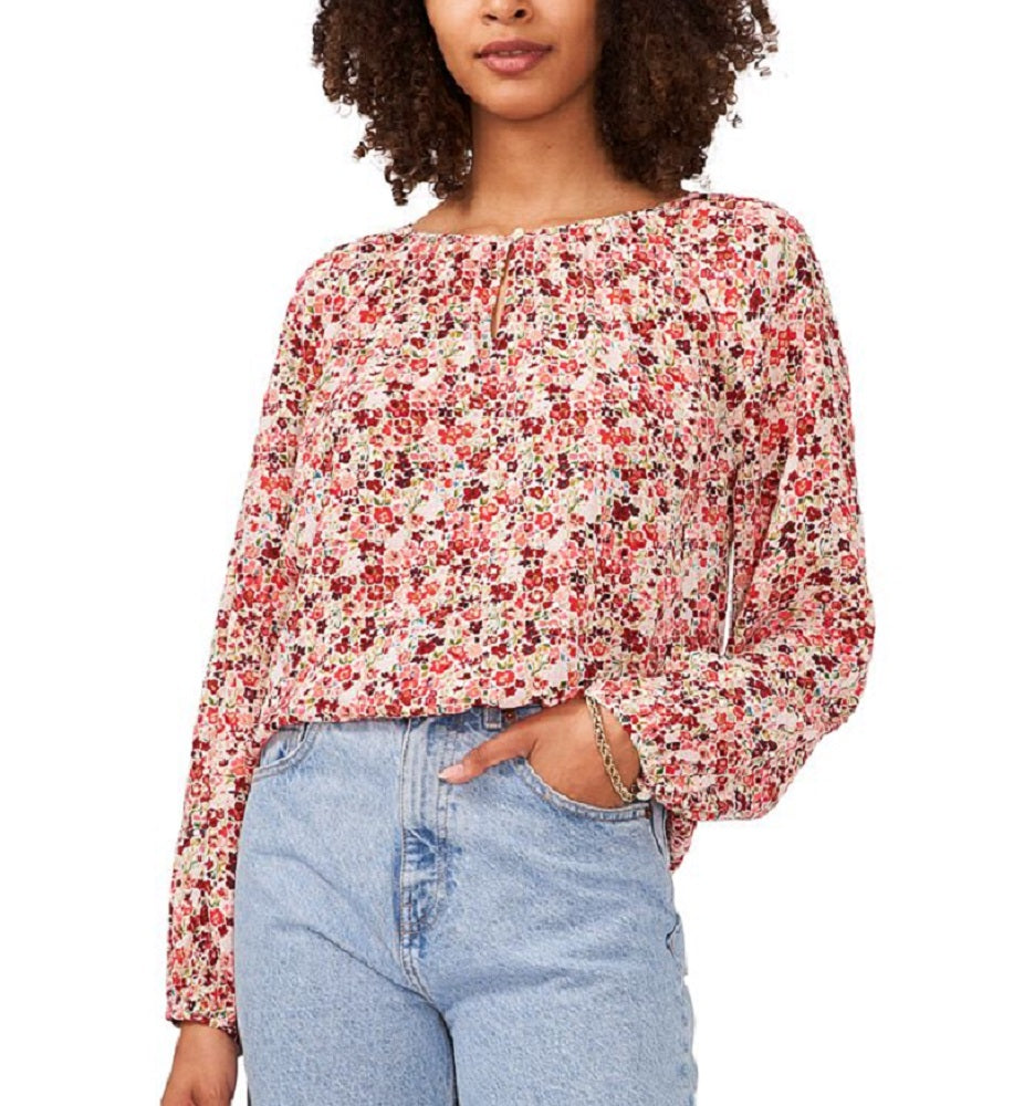 Vince Camuto Blusa feminina Ditsty Floral manga comprida rosa tamanho grande