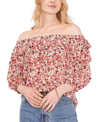 Vince Camuto Blusa feminina com estampa floral e ombro de fora, marrom, tamanho extragrande
