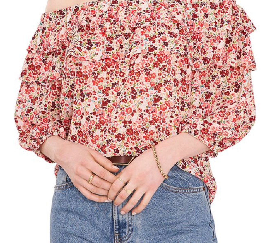 Vince Camuto Blusa feminina com estampa floral e ombro de fora, marrom, tamanho extragrande