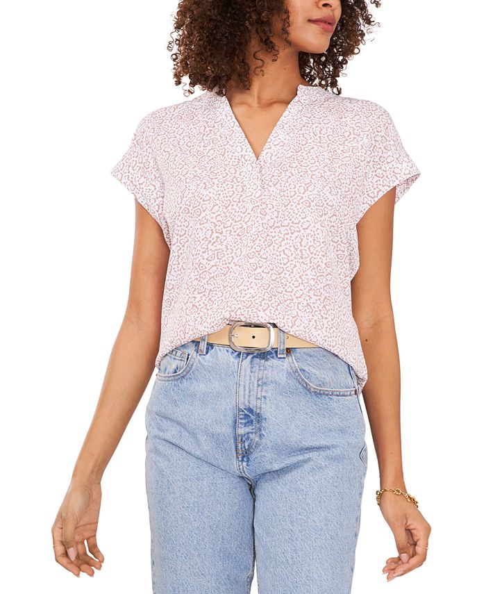 Blusa feminina Vince Camuto com estampa animal e decote em V, marrom, tamanho X-S