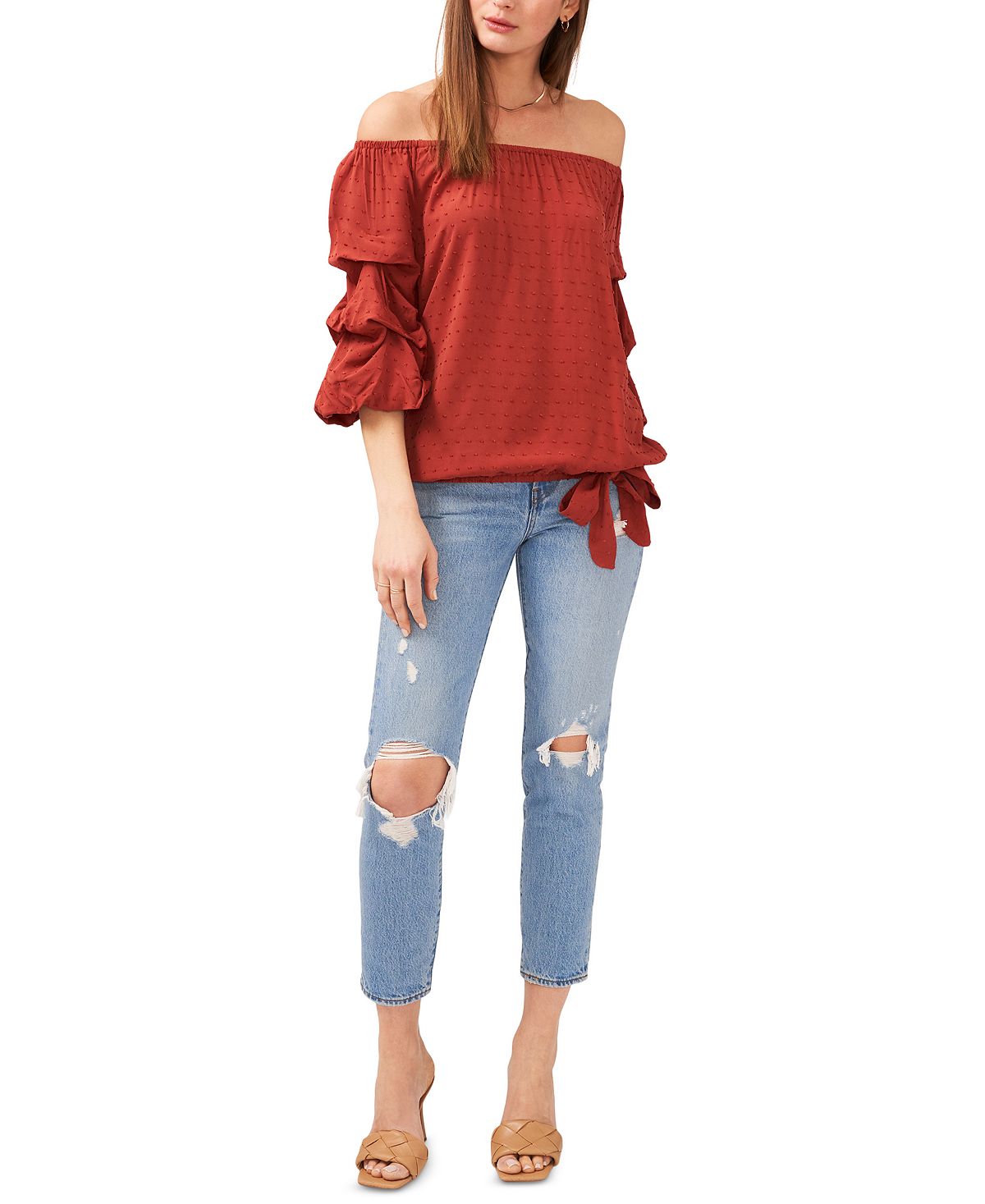 Blusa feminina Vince Camuto com manga bolha e recortes, vermelha